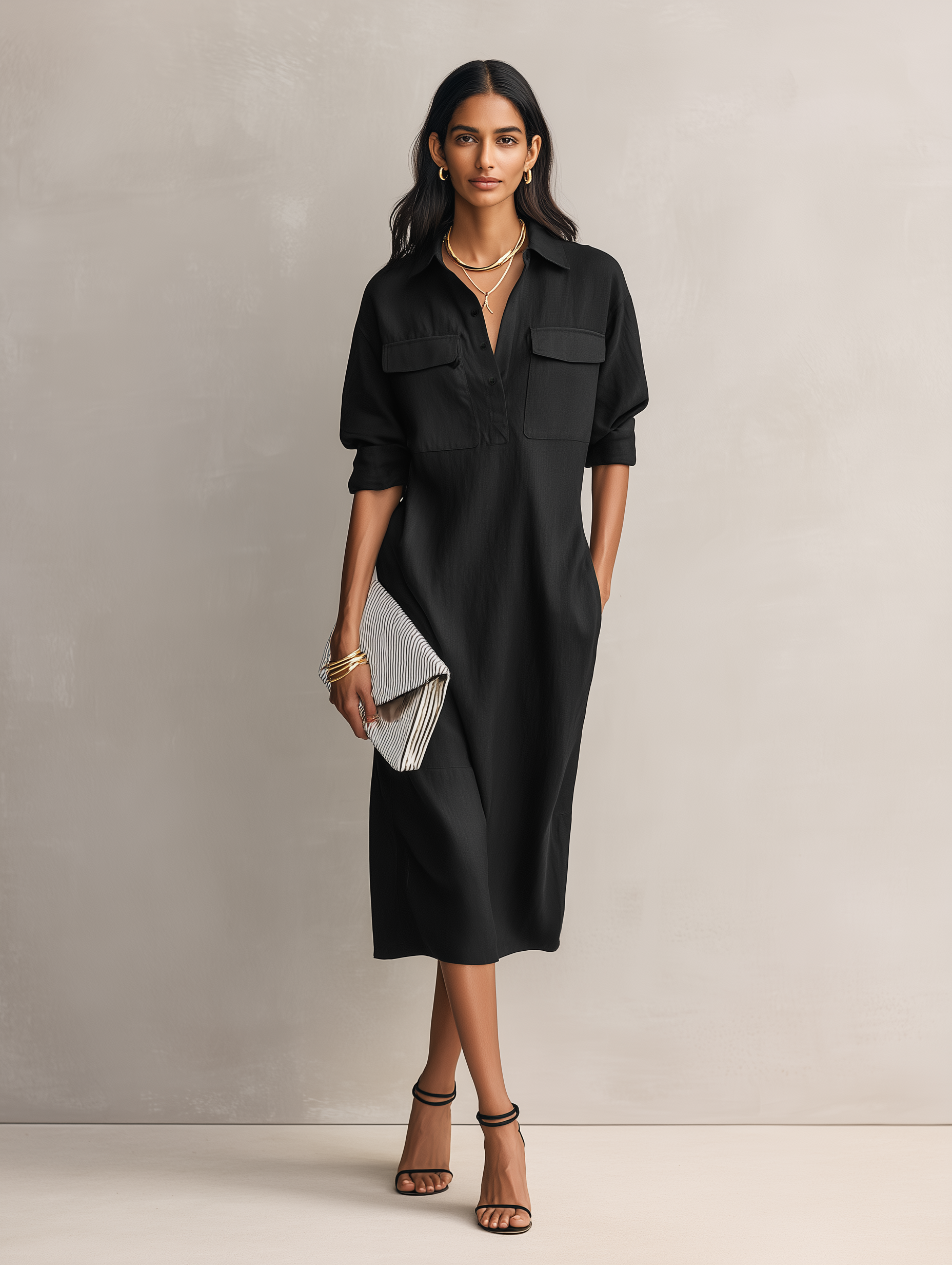 Women's Elegant Black Cotton-linen Blend Shirt Collar Short-sleeved Midi Dress