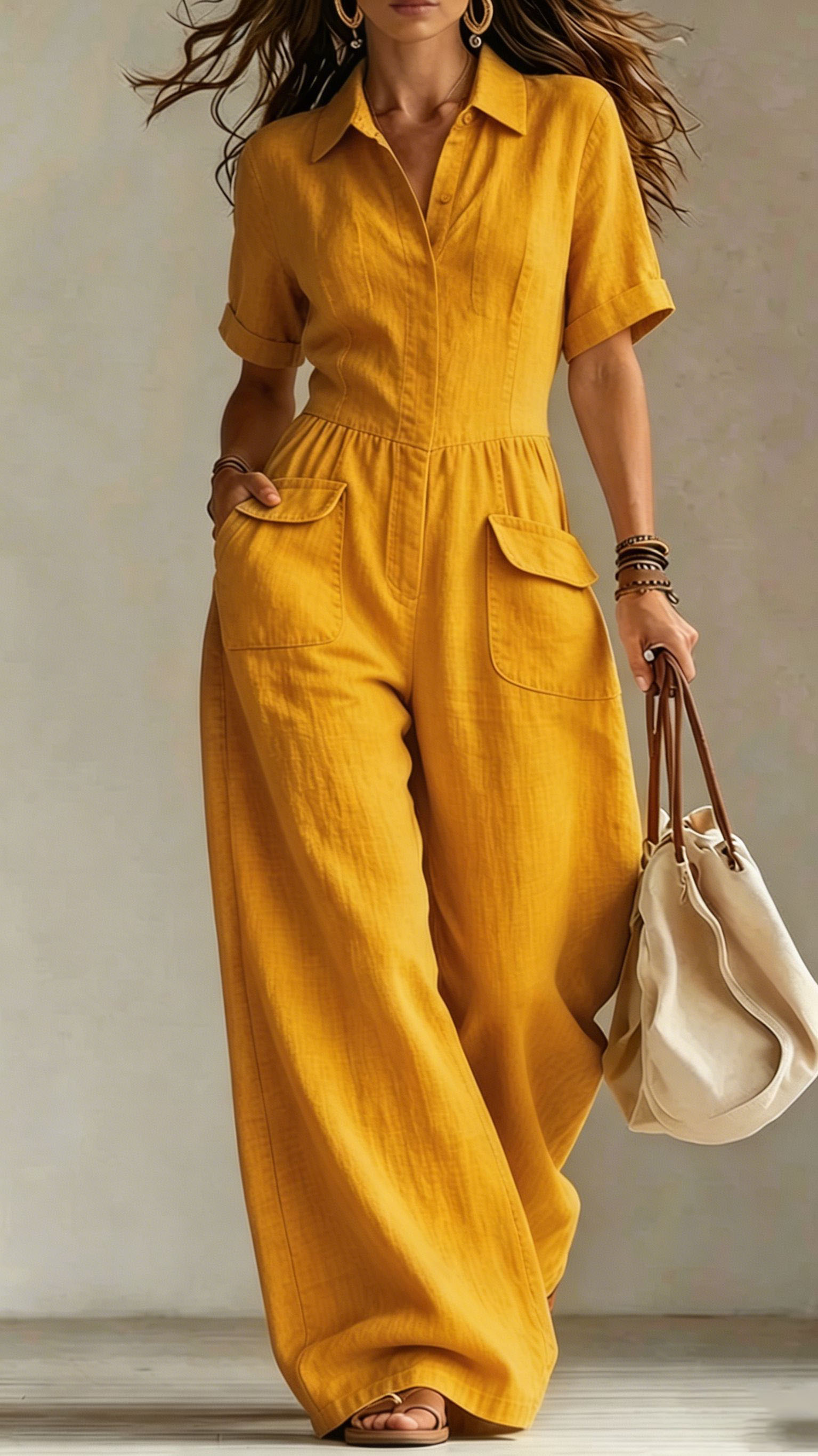 Women's cotton and linen loose sleeveless suspender jumpsuit