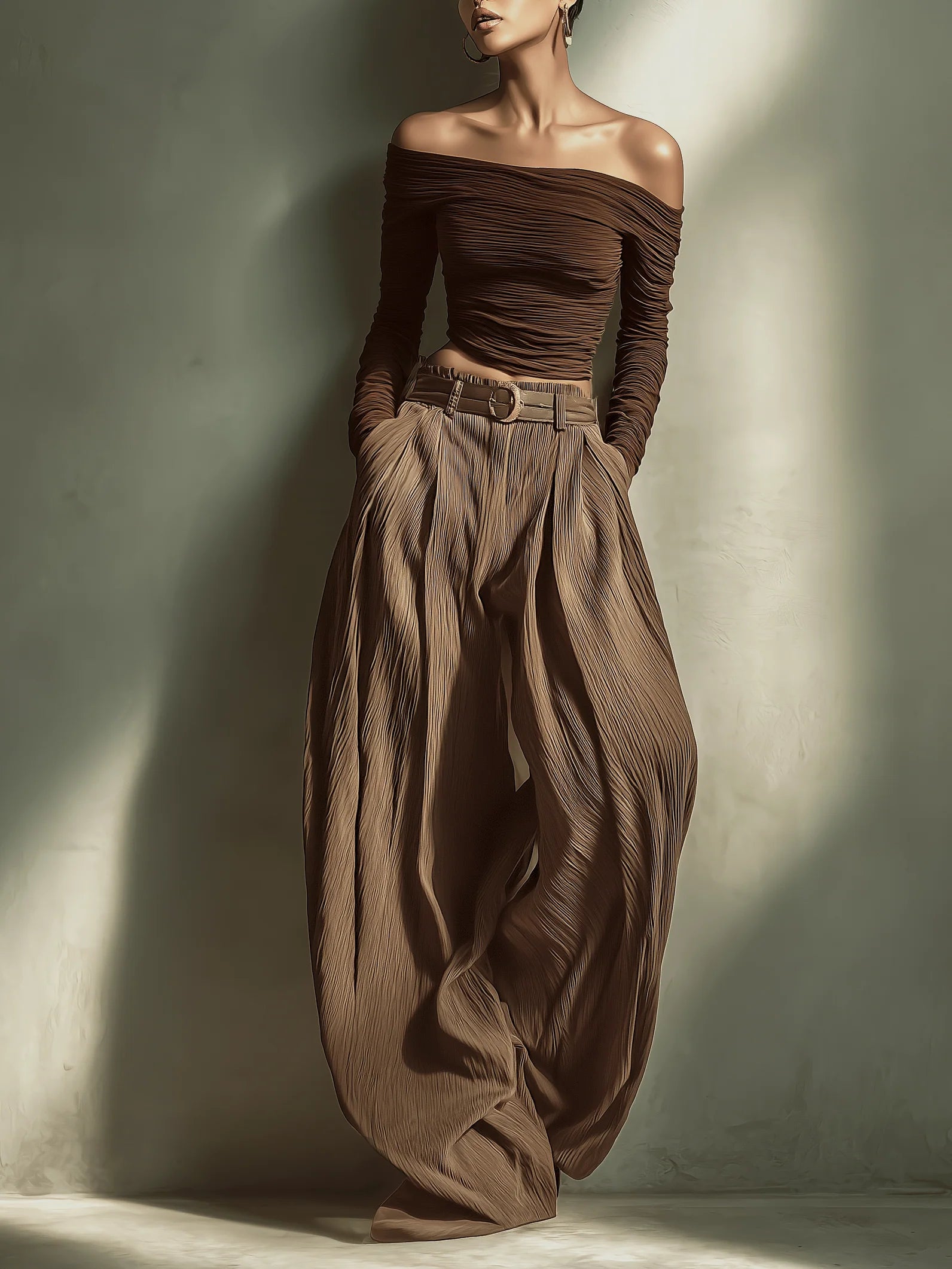 Women's Fashionable And Sexy Dark Brown Wide-leg Trousers (belt Not Included) 