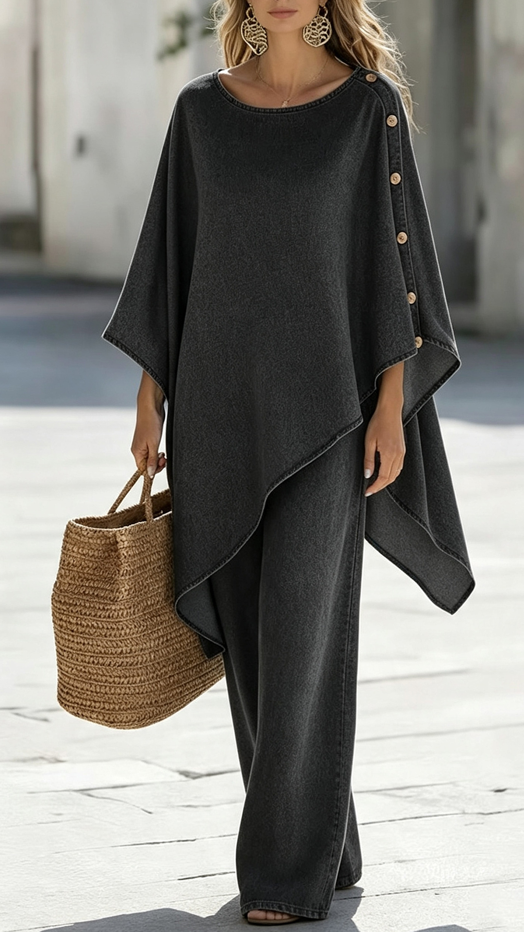 Denim Irregular Batwing Top & Straight Leg Pants Set