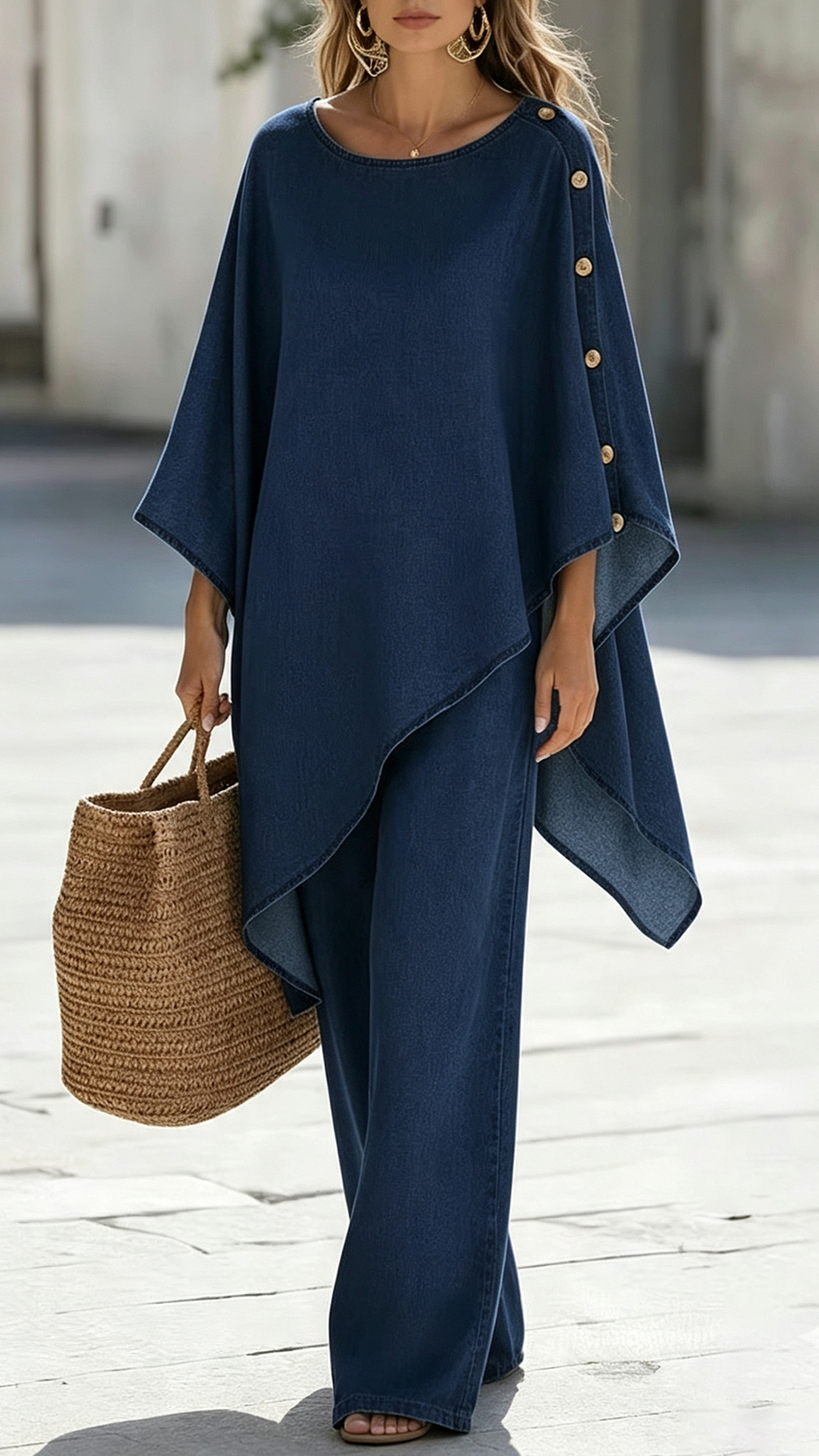 Denim Irregular Batwing Top & Straight Leg Pants Set