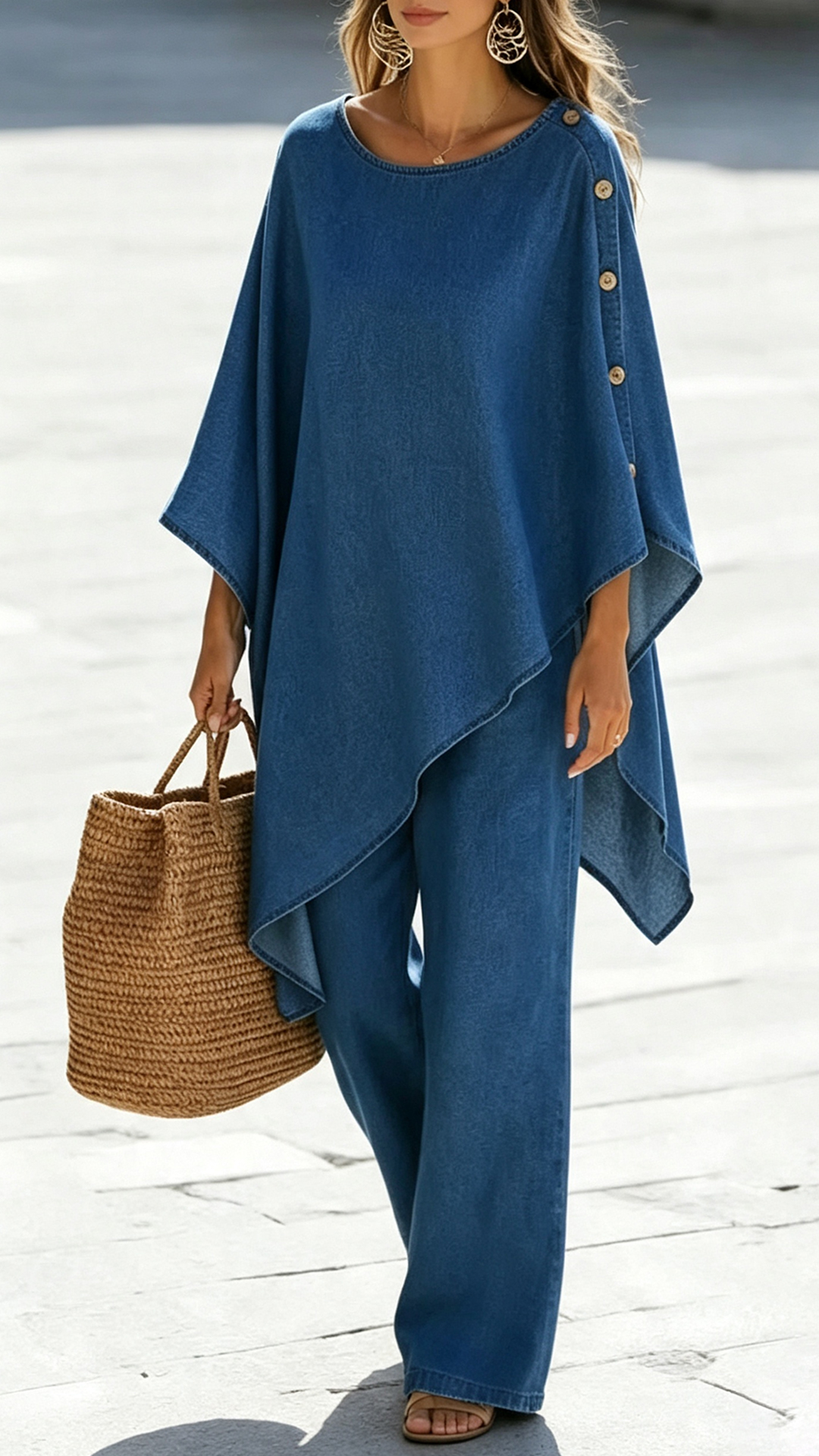 Denim Irregular Batwing Top & Straight Leg Pants Set