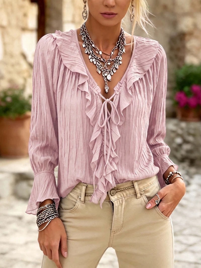 Women's Ruffle V Neck Tie Front Blouse, Textured Puff Sleeve Elegant Top