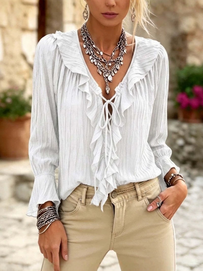 Women's Ruffle V Neck Tie Front Blouse, Textured Puff Sleeve Elegant Top
