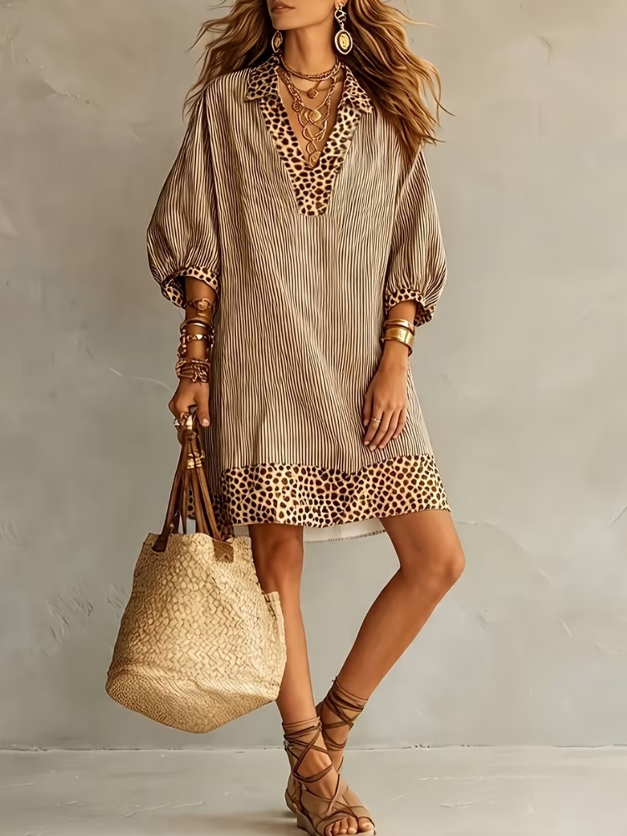 Leopard Contrast Striped Collared Puff Sleeve Mini Dress