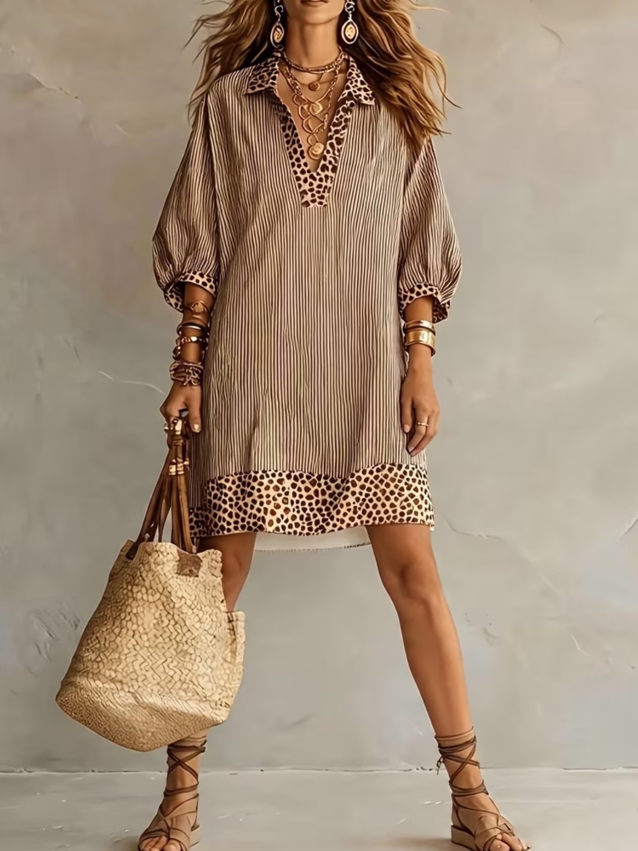 Leopard Contrast Striped Collared Puff Sleeve Mini Dress