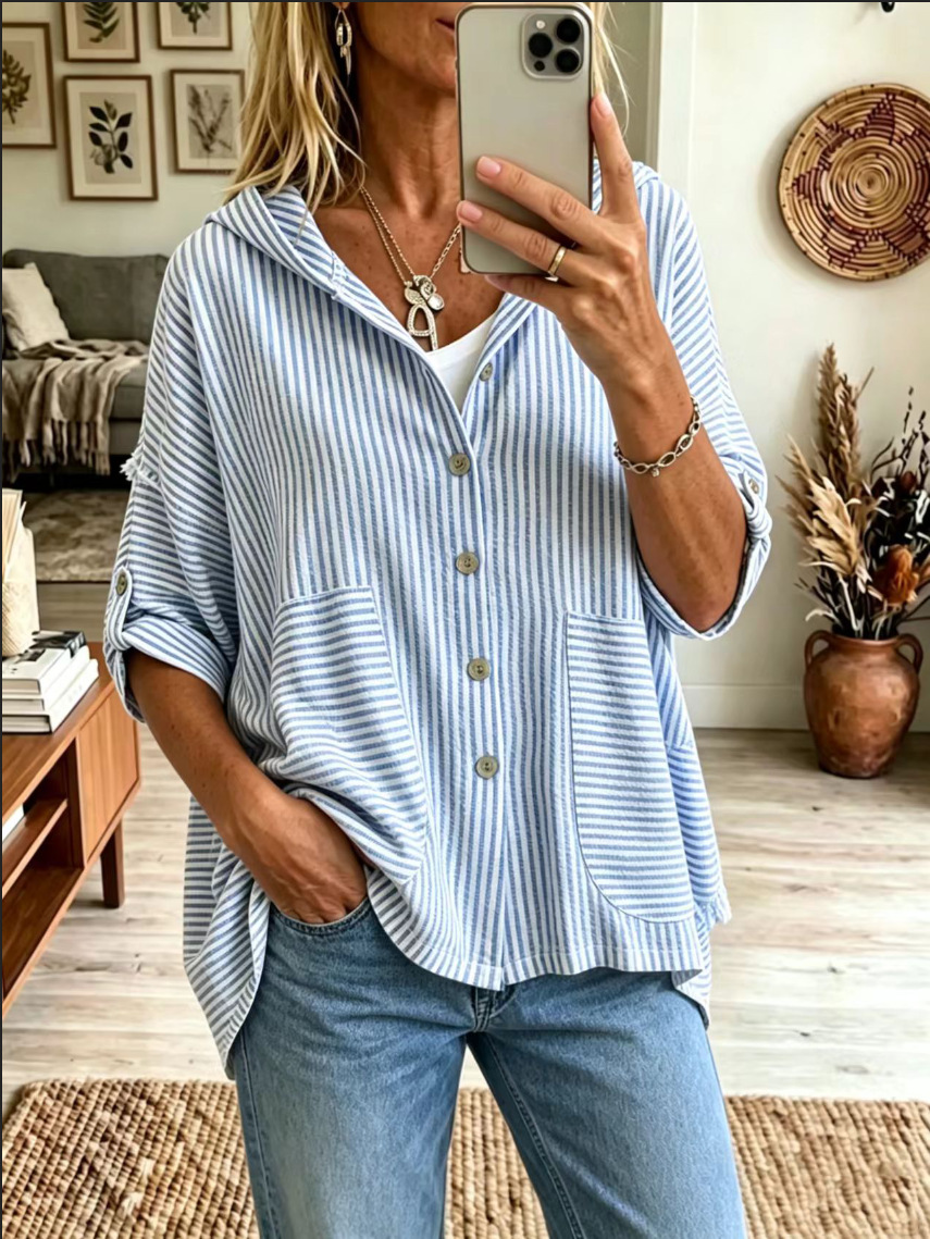 Hooded Button Down Top with Adjustable Roll-Up Sleeves