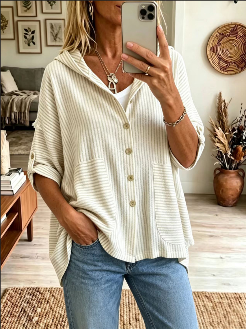 Hooded Button Down Top with Adjustable Roll-Up Sleeves
