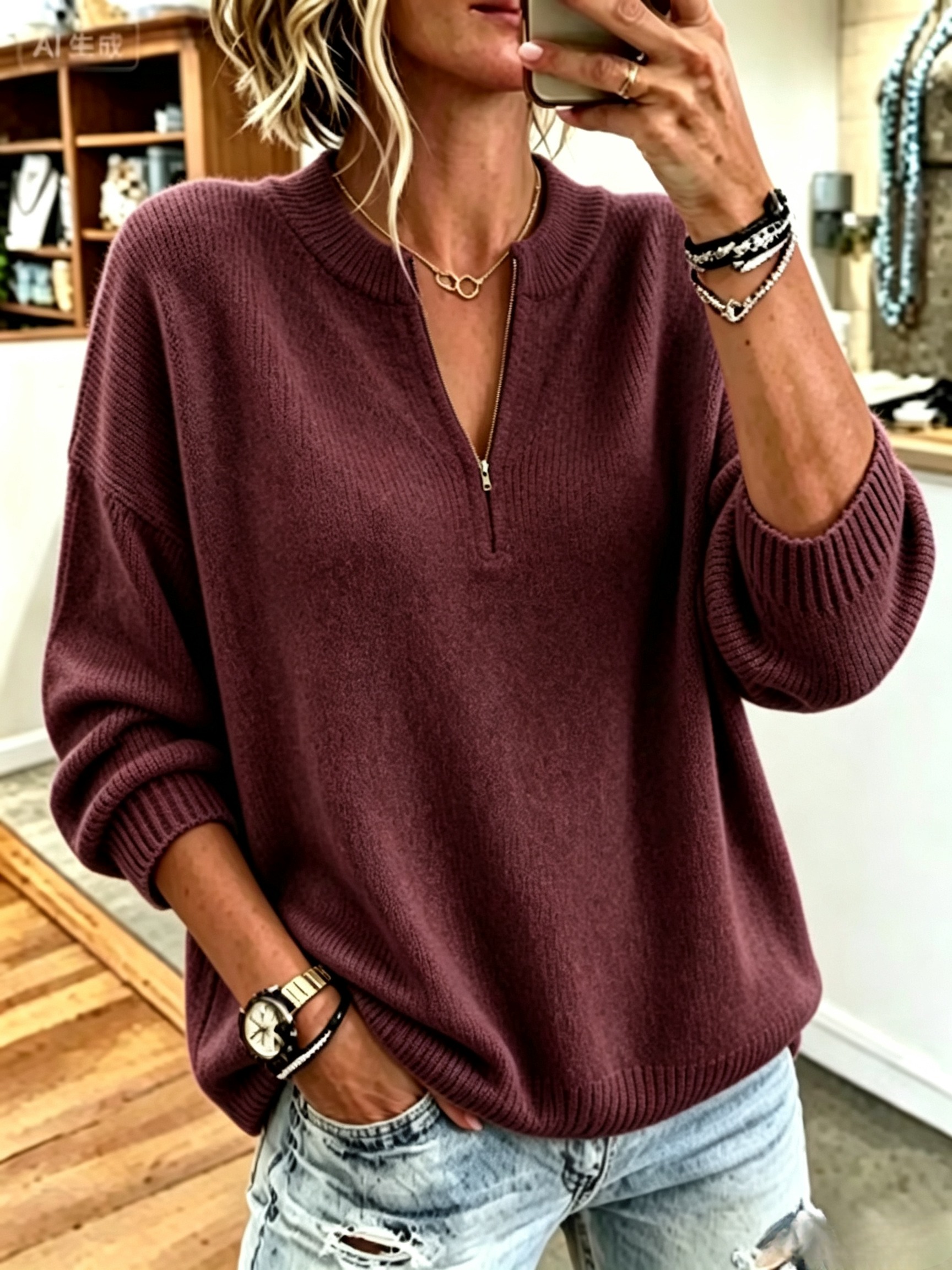 Women's Half Zip Mock Neck Sweater, Oversized Long Sleeve Ribbed Knit Pullover Top
