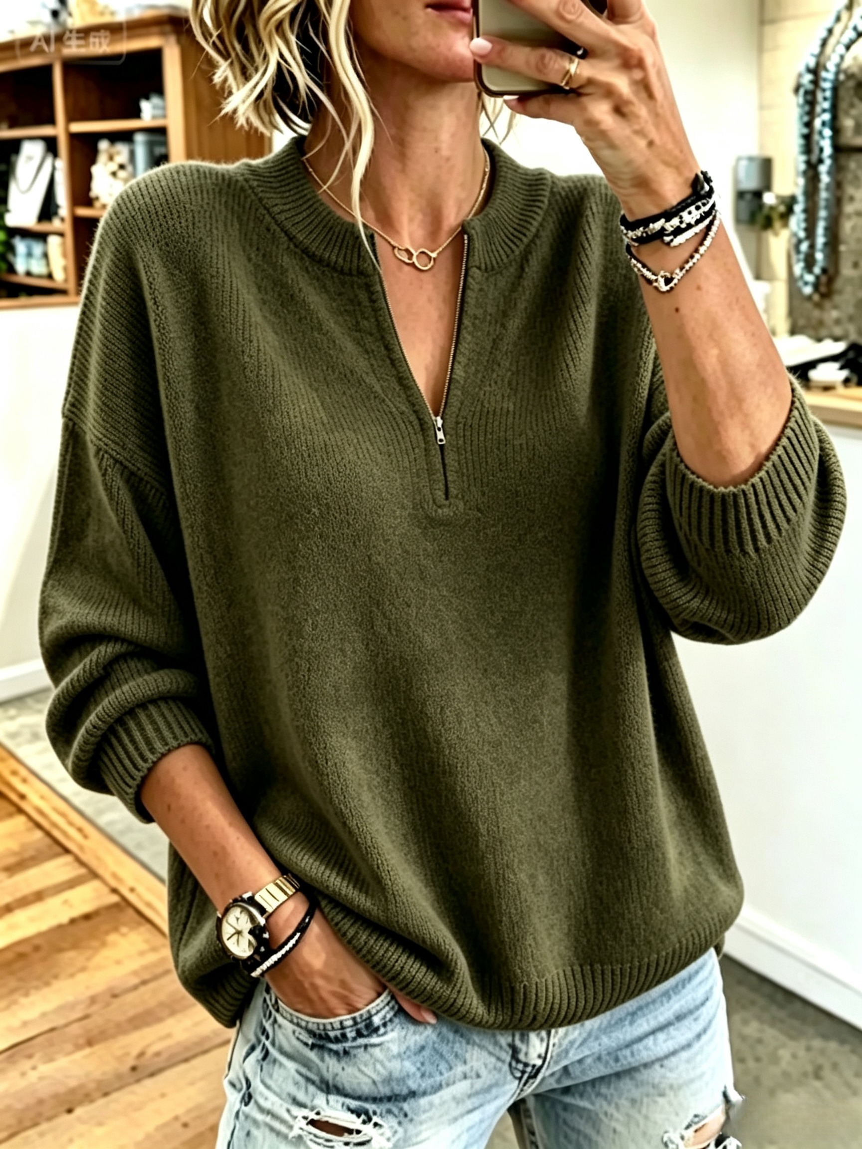 Women's Half Zip Mock Neck Sweater, Oversized Long Sleeve Ribbed Knit Pullover Top