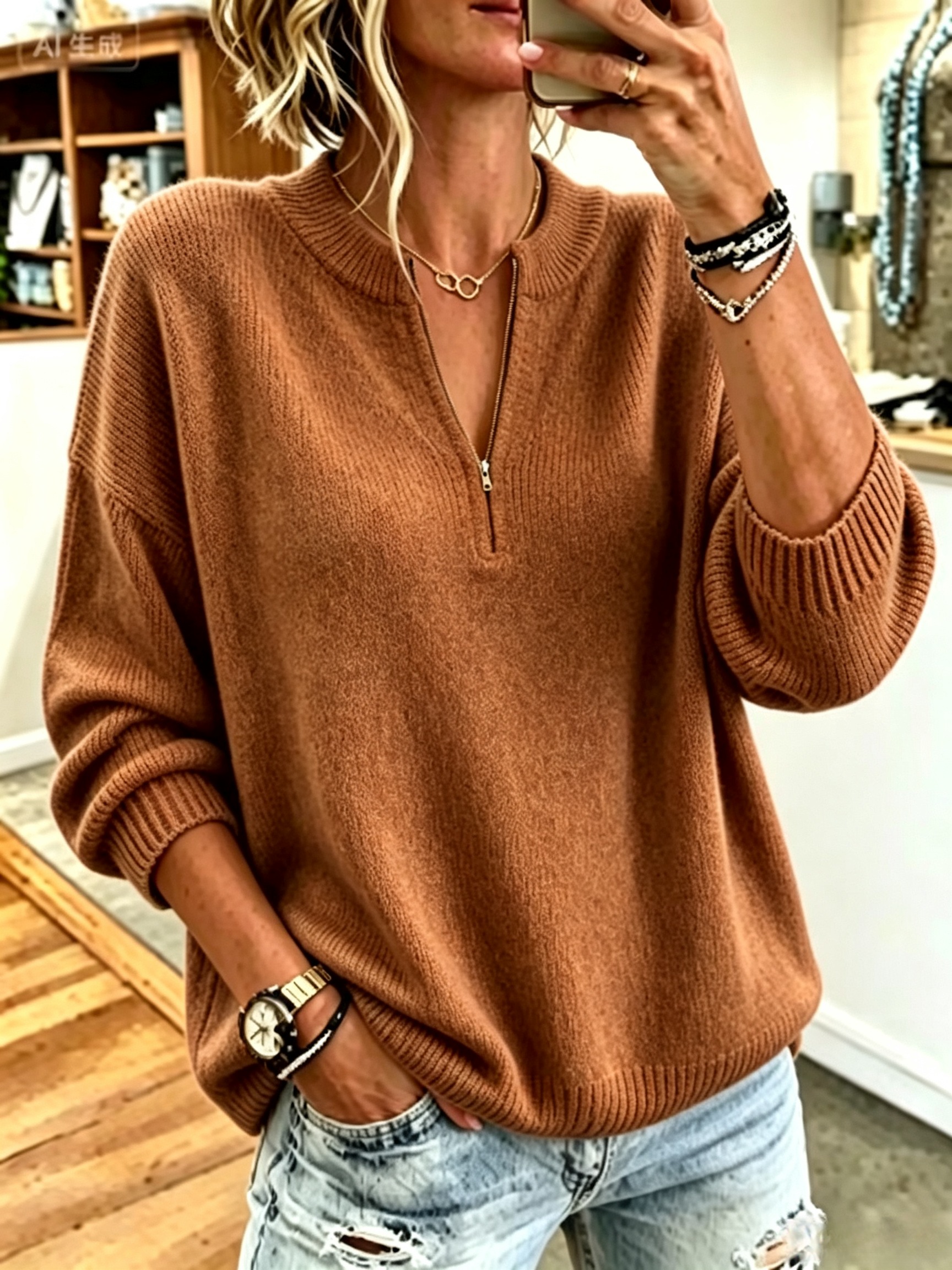 Women's Half Zip Mock Neck Sweater, Oversized Long Sleeve Ribbed Knit Pullover Top