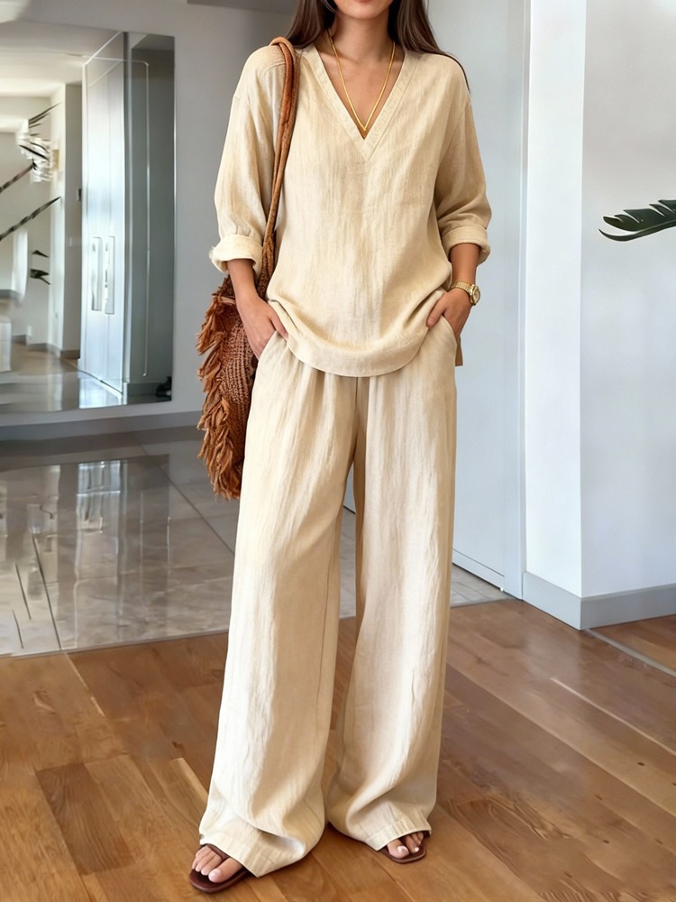 Women’s Linen Blend 2 Piece Set V Neck Top & Wide Leg Pants Casual Lounge Outfit