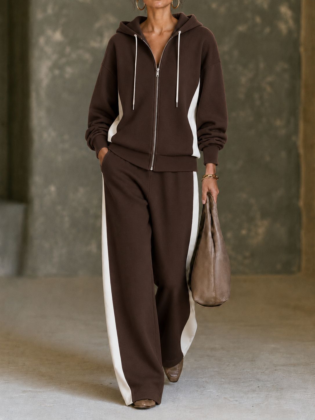 Women’s Color Block Hoodie Set Zip Up Sweatshirt & Wide Leg Pants Casual 2 Piece Outfit
