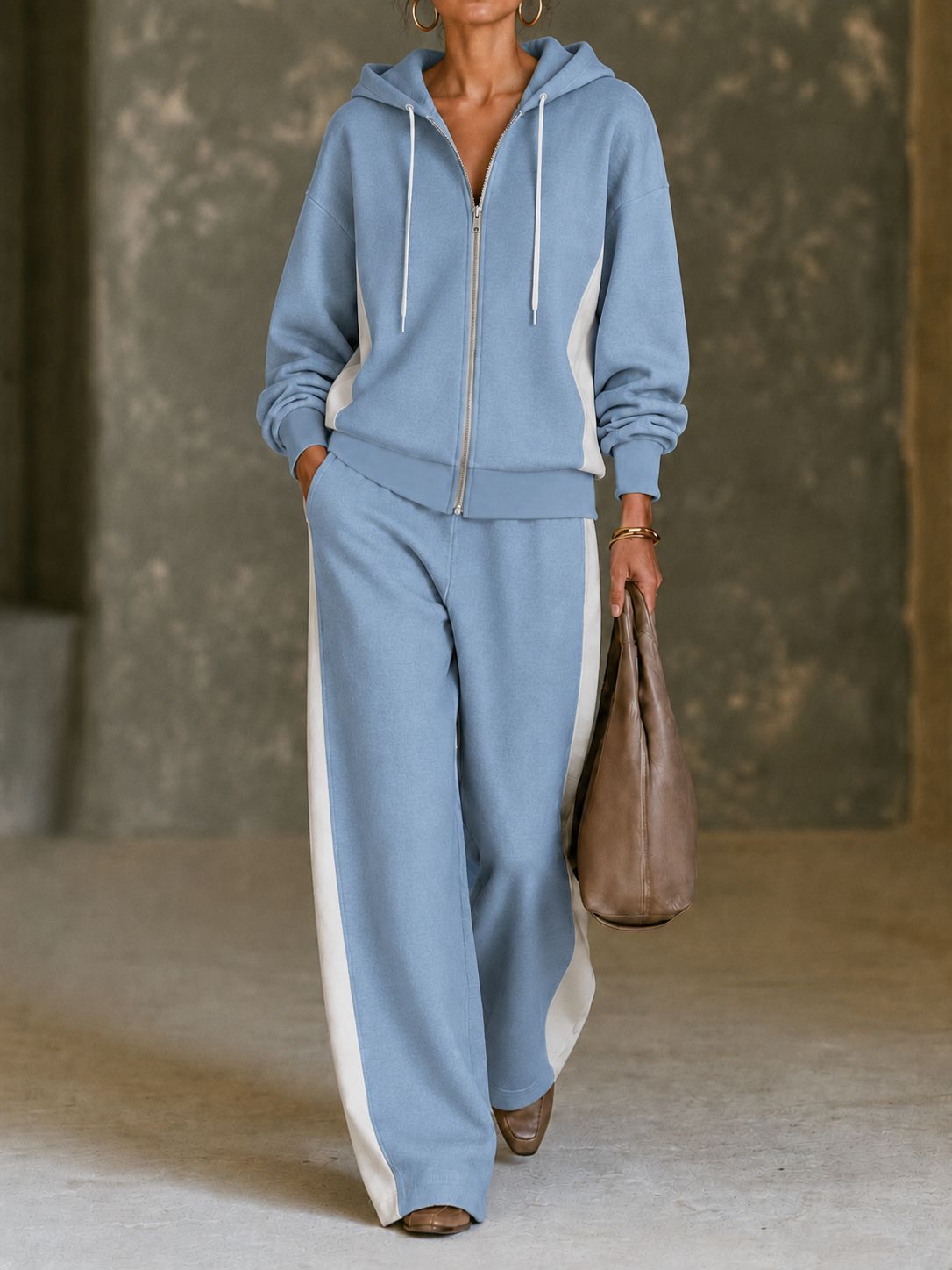 Women’s Color Block Hoodie Set Zip Up Sweatshirt & Wide Leg Pants Casual 2 Piece Outfit