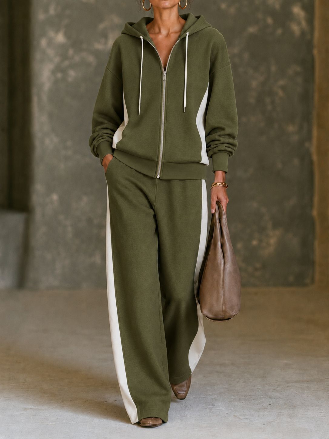 Women’s Color Block Hoodie Set Zip Up Sweatshirt & Wide Leg Pants Casual 2 Piece Outfit