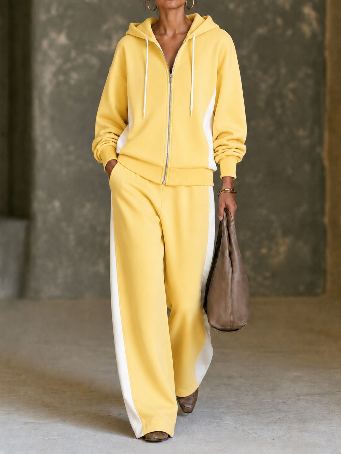 Women’s Color Block Hoodie Set Zip Up Sweatshirt & Wide Leg Pants Casual 2 Piece Outfit