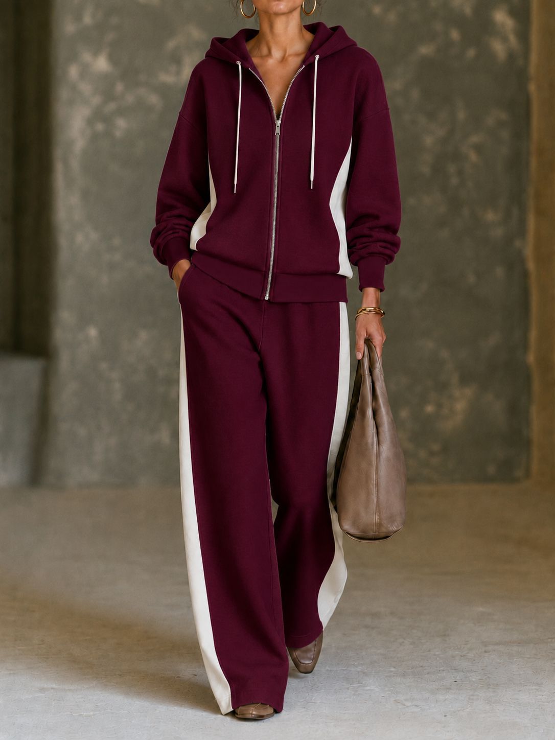 Women’s Color Block Hoodie Set Zip Up Sweatshirt & Wide Leg Pants Casual 2 Piece Outfit