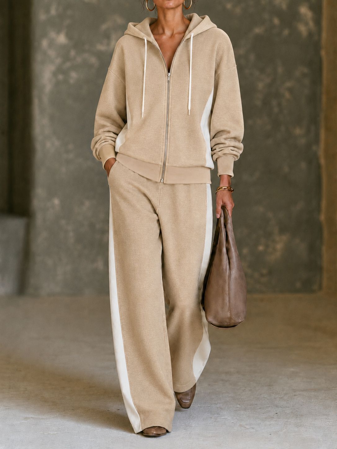 Women’s Color Block Hoodie Set Zip Up Sweatshirt & Wide Leg Pants Casual 2 Piece Outfit