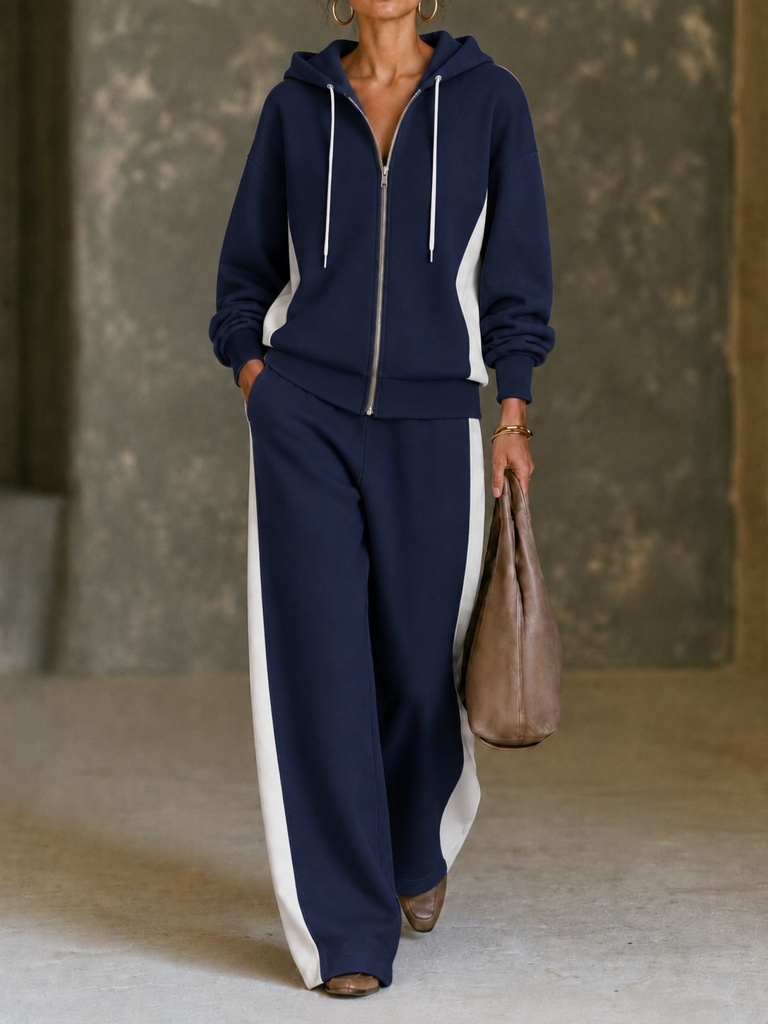 Women’s Color Block Hoodie Set Zip Up Sweatshirt & Wide Leg Pants Casual 2 Piece Outfit