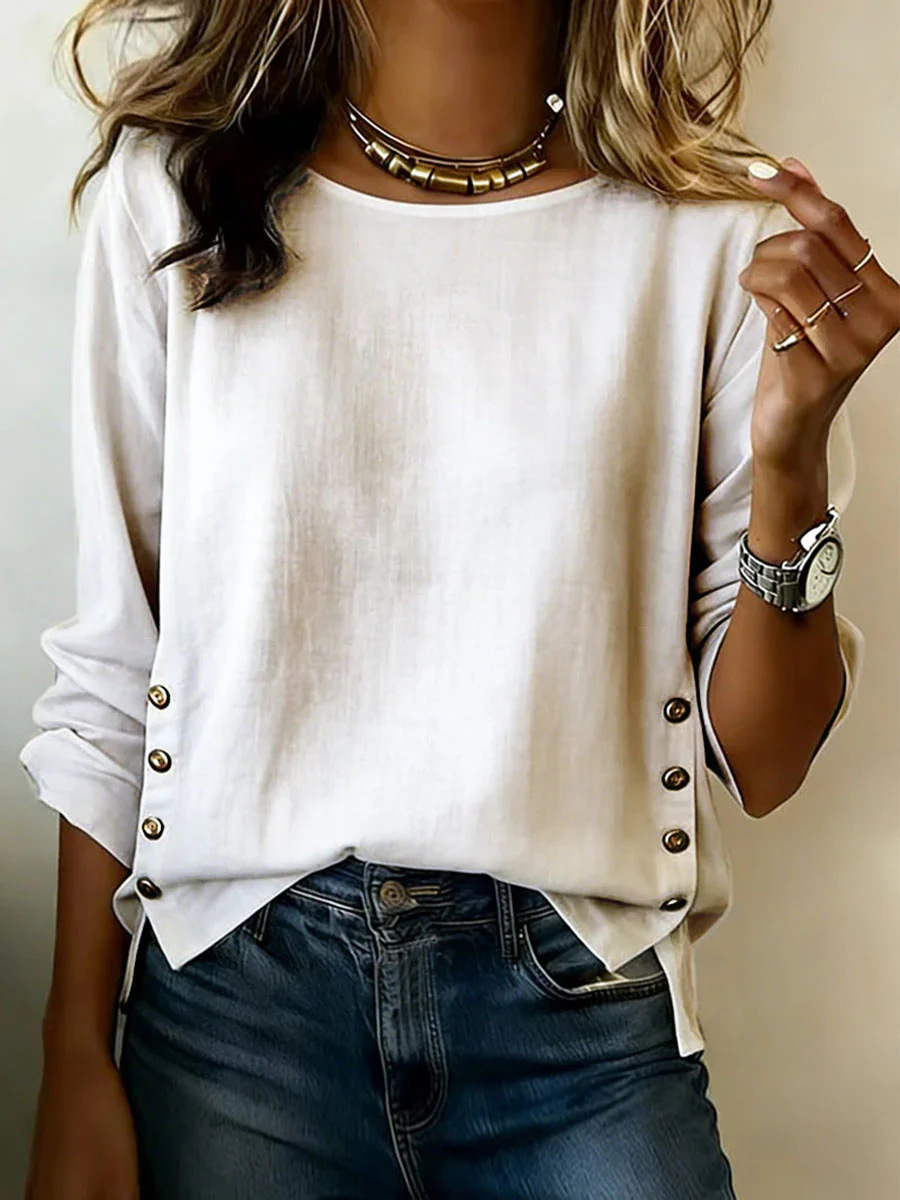 Women’s Round Neck Long Sleeve Blouse, Side Button Loose Textured Casual Tunic Top