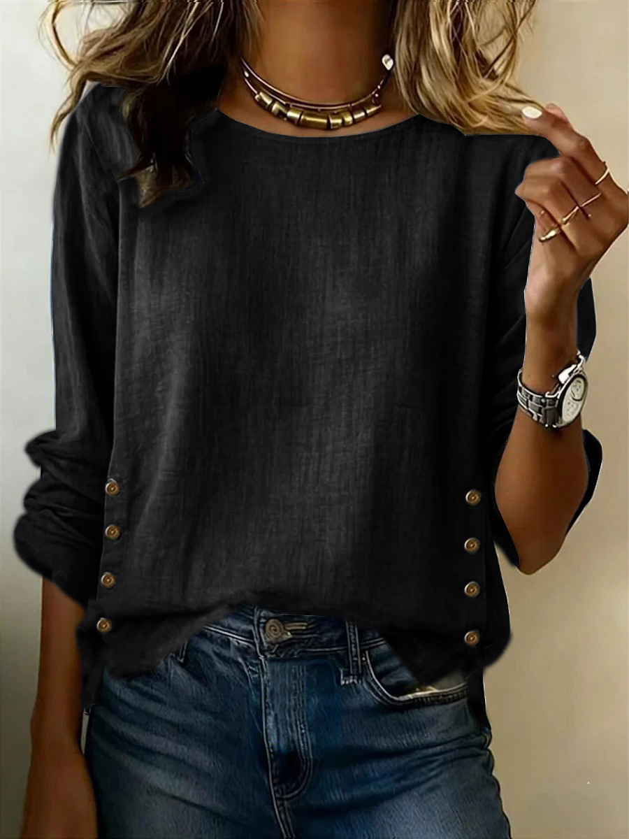 Women’s Round Neck Long Sleeve Blouse, Side Button Loose Textured Casual Tunic Top