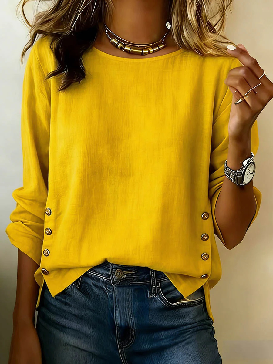Women’s Round Neck Long Sleeve Blouse, Side Button Loose Textured Casual Tunic Top