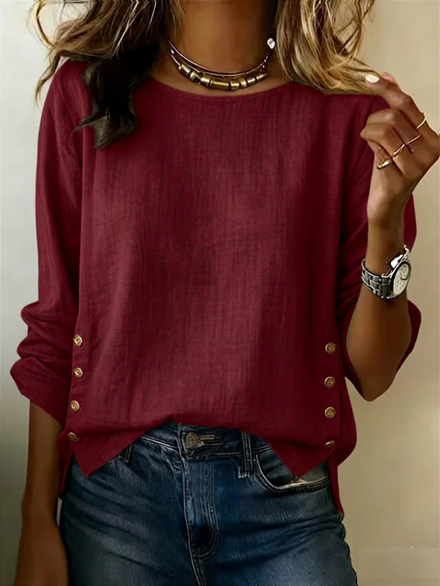 Women’s Round Neck Long Sleeve Blouse, Side Button Loose Textured Casual Tunic Top