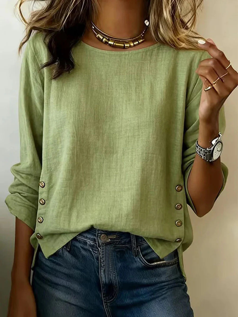 Women’s Round Neck Long Sleeve Blouse, Side Button Loose Textured Casual Tunic Top