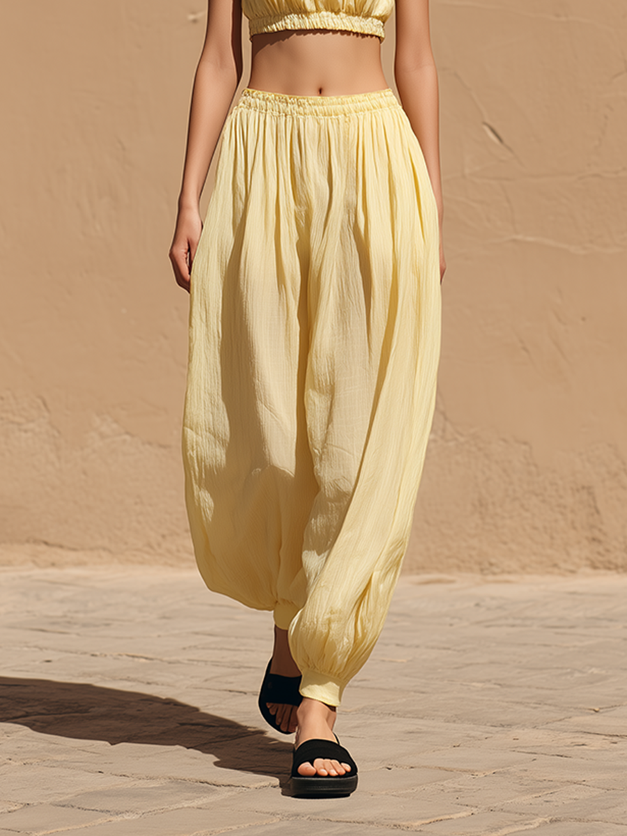 Women's Minimalist Casual Vacation-Style Yellow Cotton-Linen Tapered Trousers