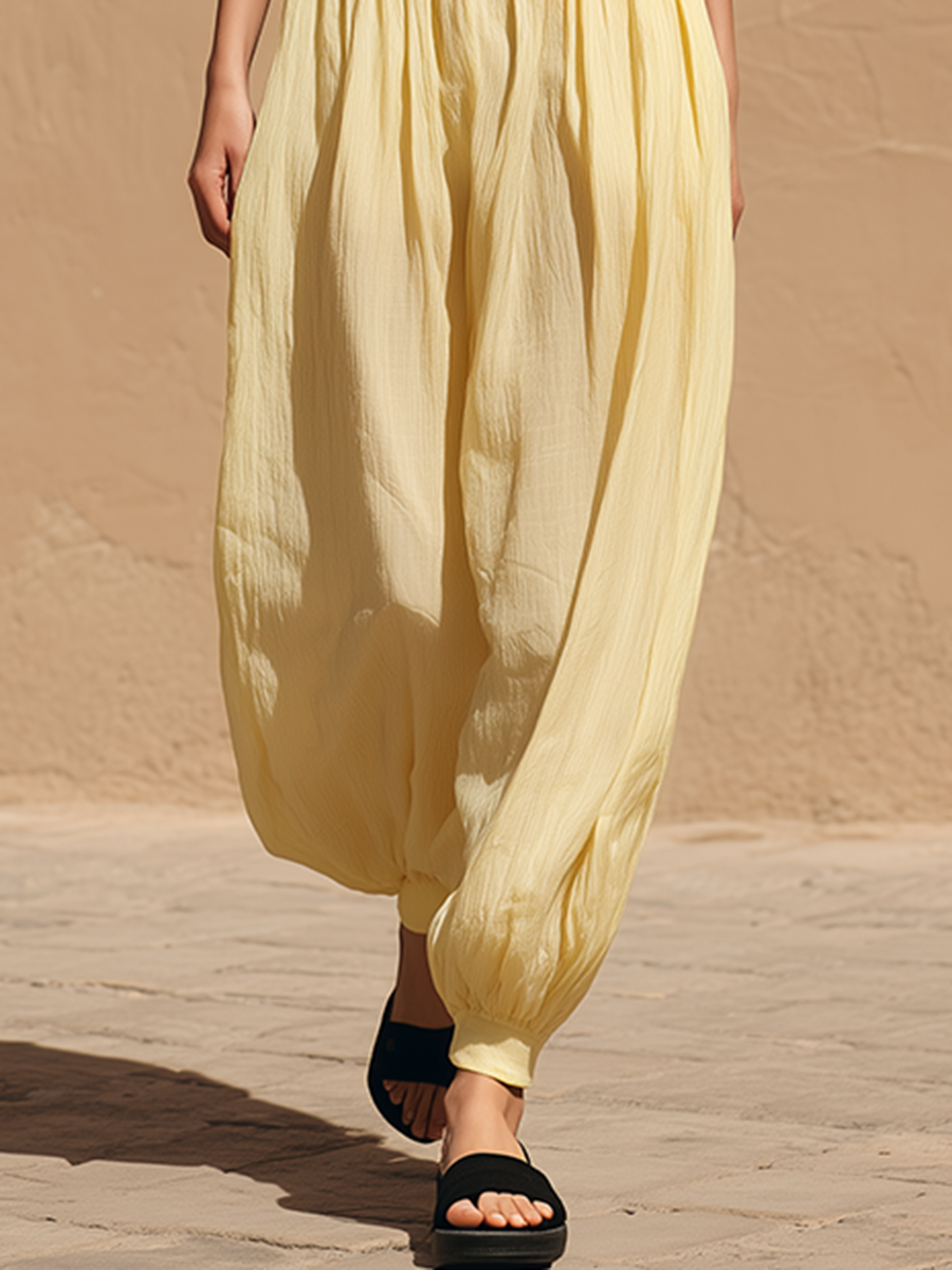 Women's Minimalist Casual Vacation-Style Yellow Cotton-Linen Tapered Trousers