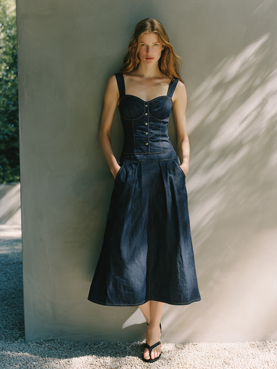 Women's Elegant Denim Corset Midi Dress