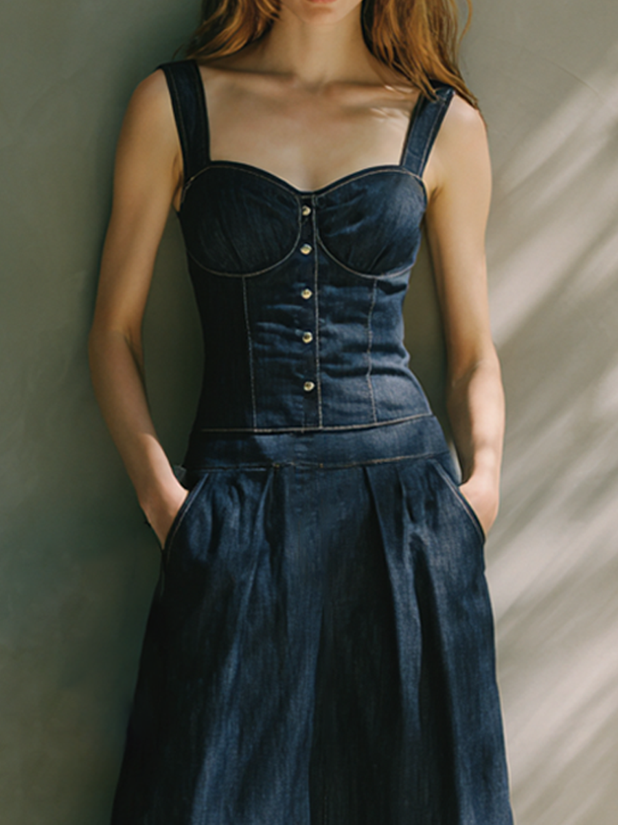 Women's Elegant Denim Corset Midi Dress