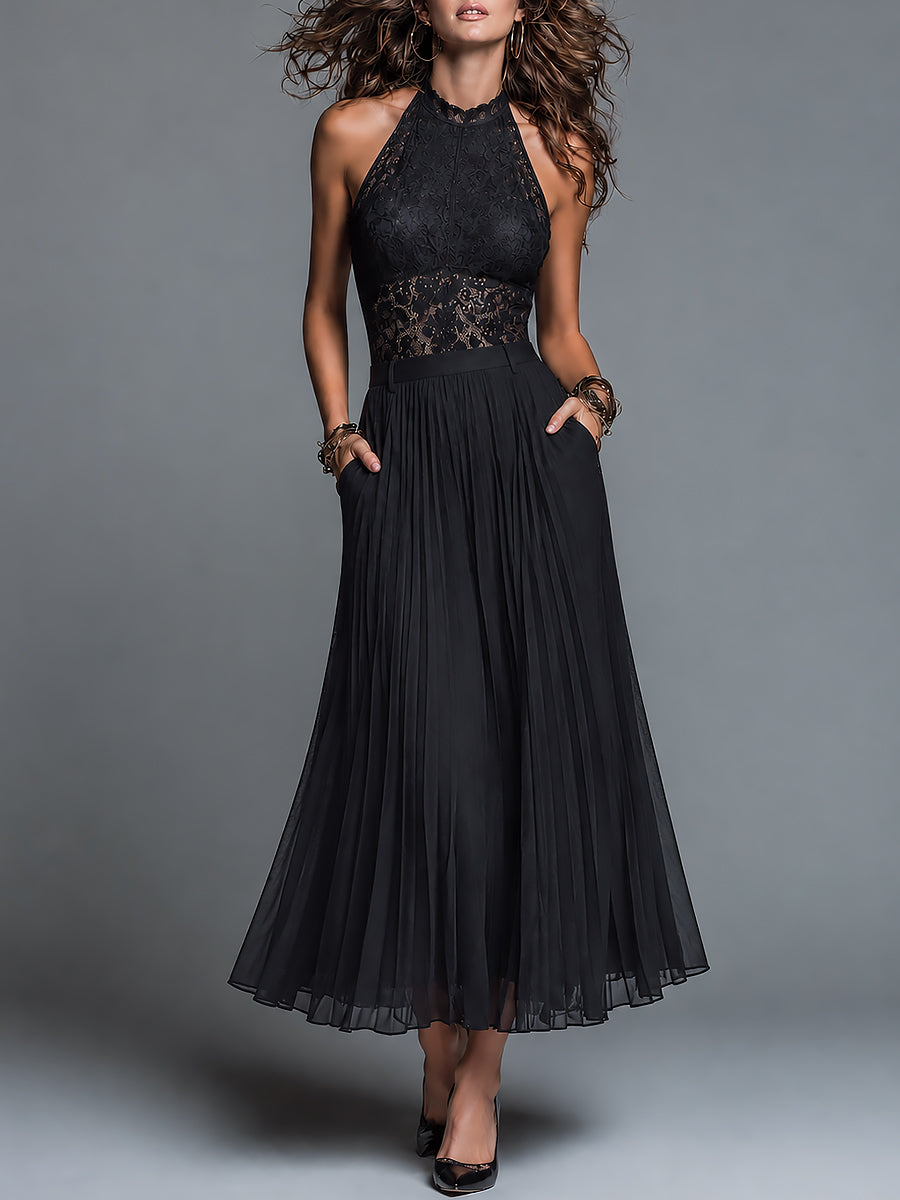 Vintage-Style Pleated Chiffon Dress With A Stand Collar And Cut-Out Lace Detailing