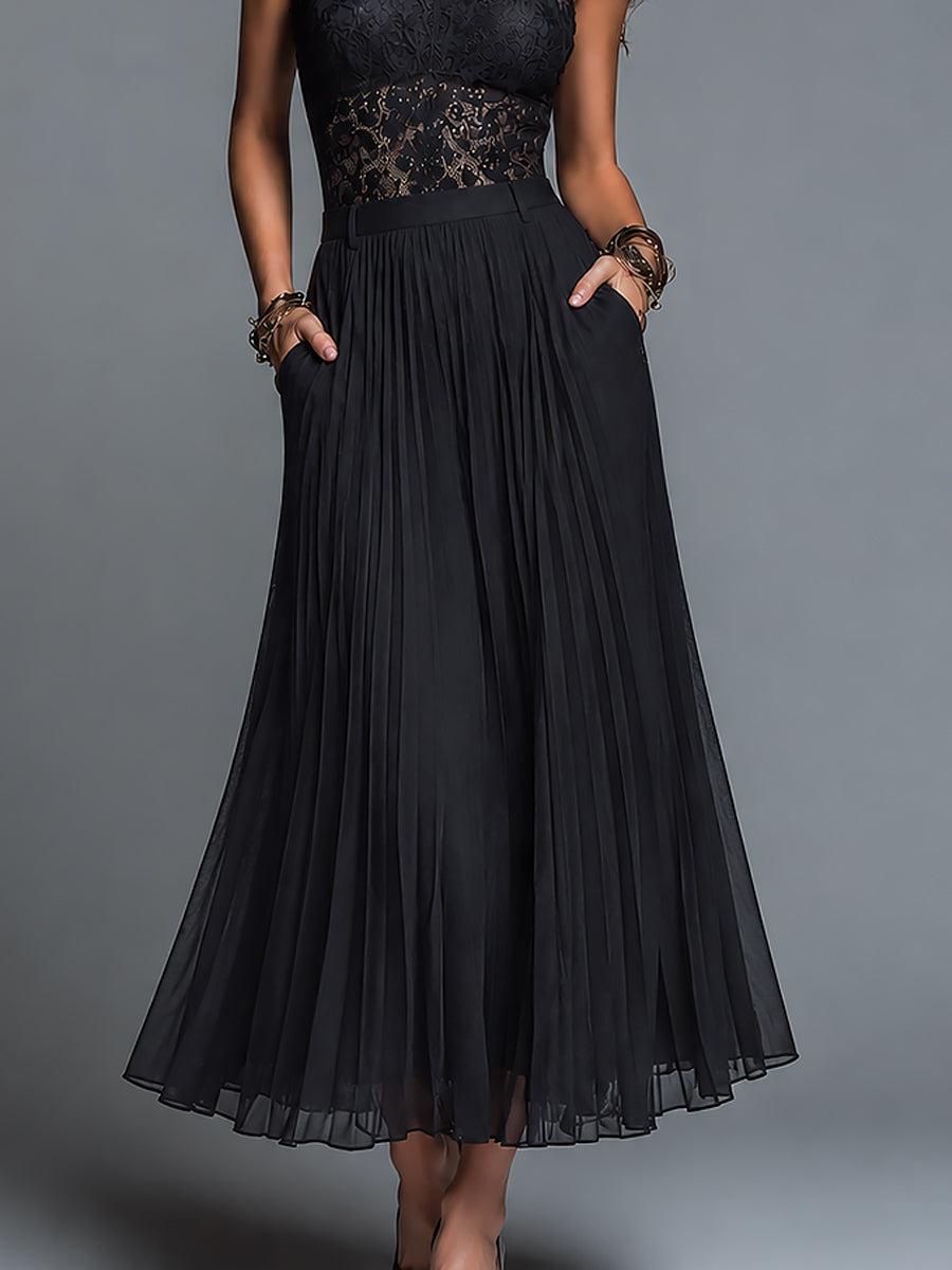 Vintage-Style Pleated Chiffon Dress With A Stand Collar And Cut-Out Lace Detailing
