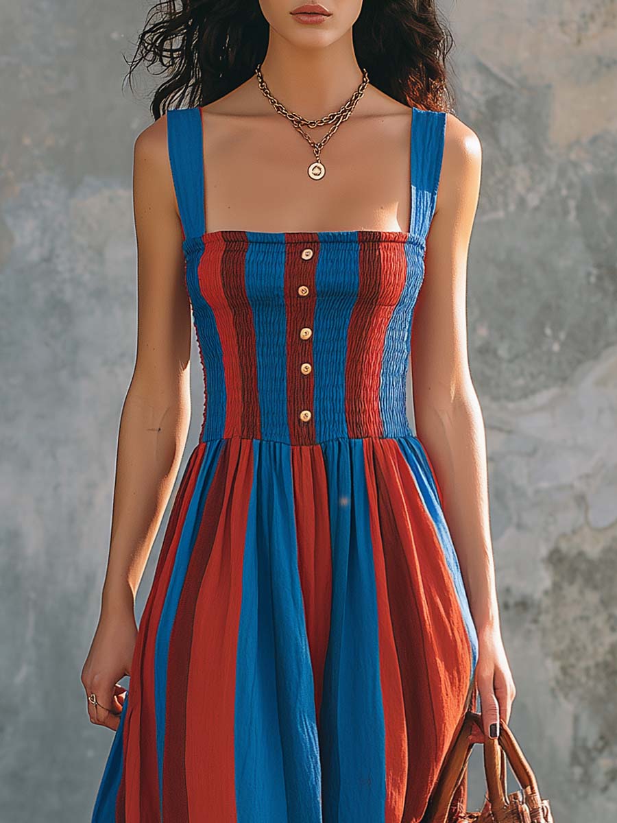 Mediterranean Stripe Smocked Cotton Linen Maxi Dress