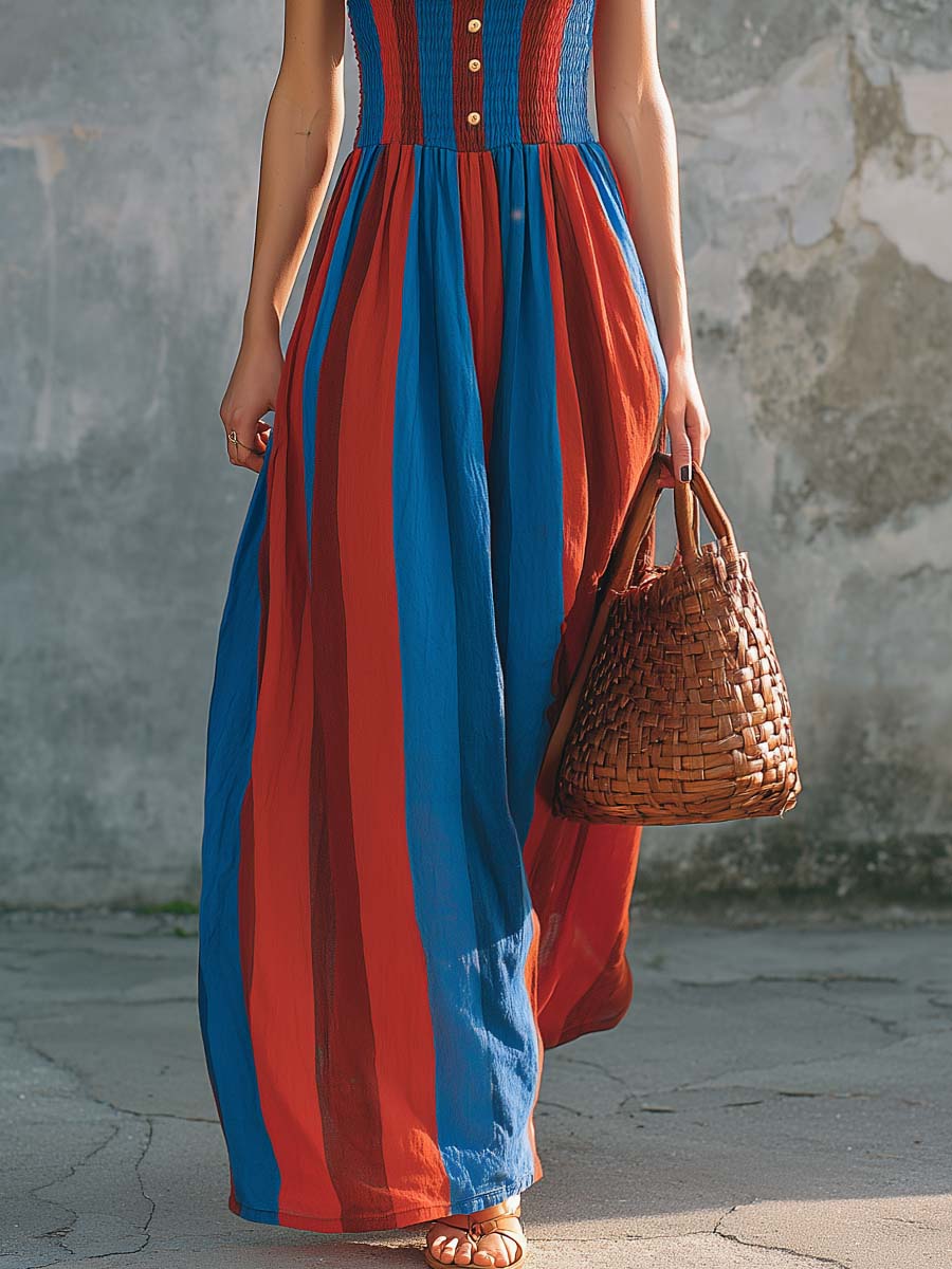 Mediterranean Stripe Smocked Cotton Linen Maxi Dress