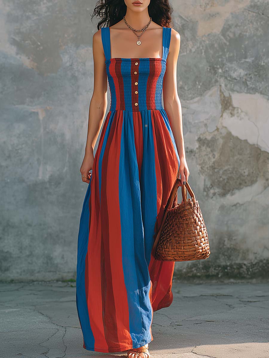 Mediterranean Stripe Smocked Cotton Linen Maxi Dress