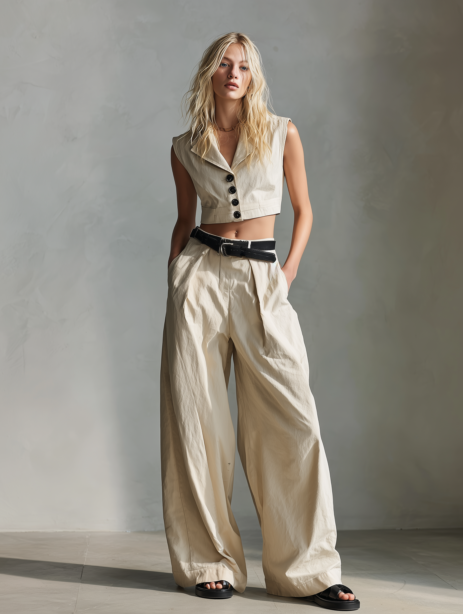 Women's Casual Khaki Woven Sleeveless Vest Paired With Trousers (belt Not Included)