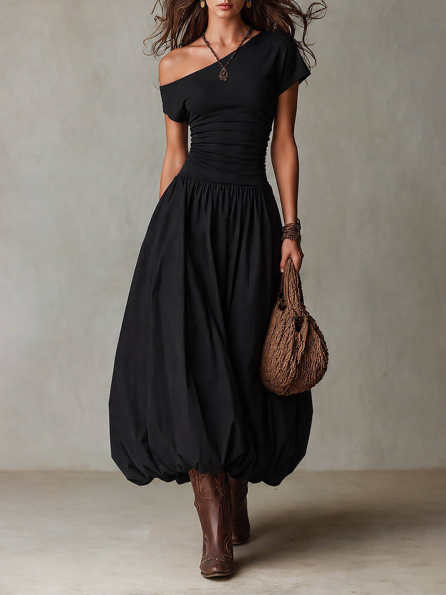 Vintage-style One-shoulder Balloon Hem Maxi Dress