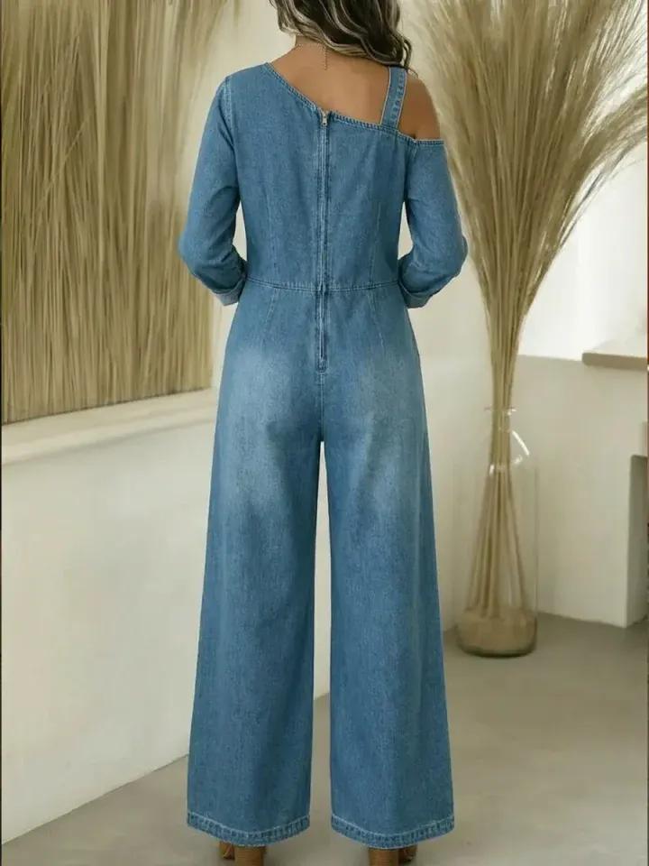 Women's Fashionable Off-the-shoulder Denim Jumpsuit