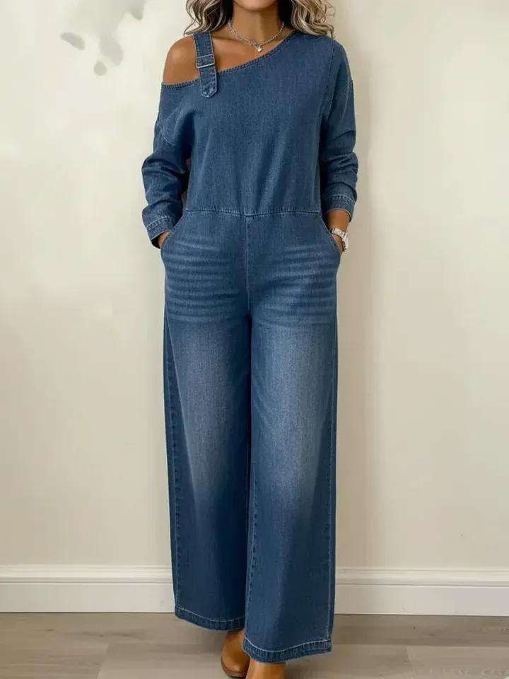 Women's Fashionable Off-the-shoulder Denim Jumpsuit