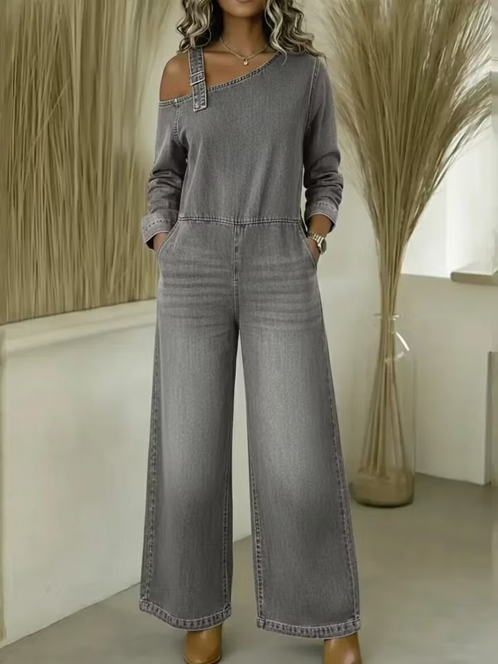 Women's Fashionable Off-the-shoulder Denim Jumpsuit