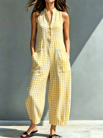 Women's Simple Linen Blend Button-Down Collar Plaid Sleeveless Loose Jumpsuit