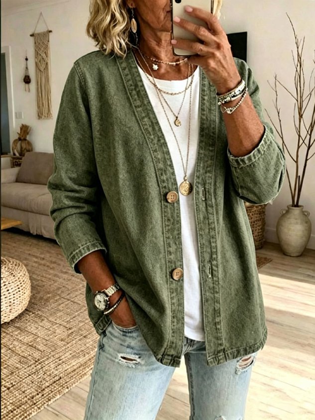 Women's V-Neck Button Front Denim Jacket Casual Loose Fit