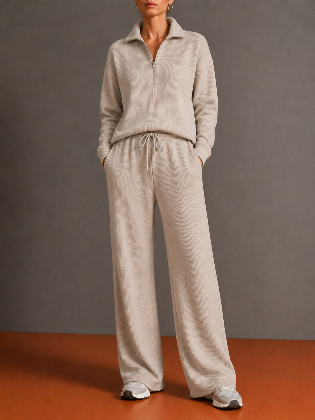 Women’s Knit Two Piece Set, Quarter Zip Collared Sweater and Wide Leg Pants Matching Outfit