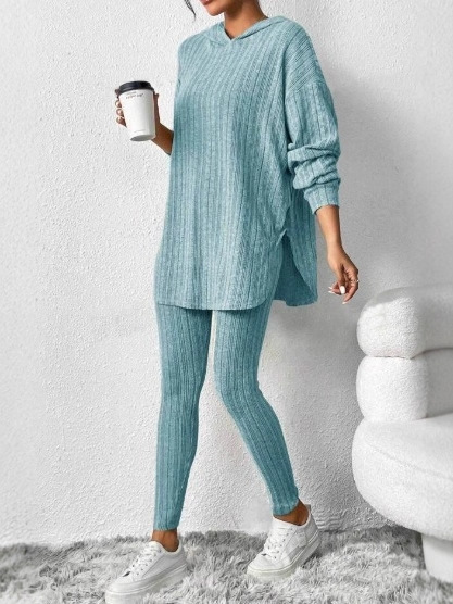 Women’s Hooded Knit Lounge Set, Oversized Tunic Sweater Top & Slim Pants Two Piece Outfit