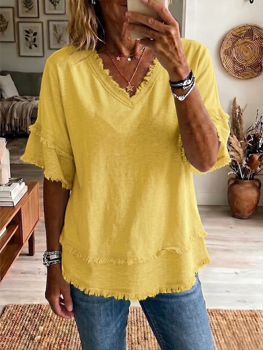 Women's Linen Blend V-Neck Fringe Trim Loose Fit Short Sleeve Top