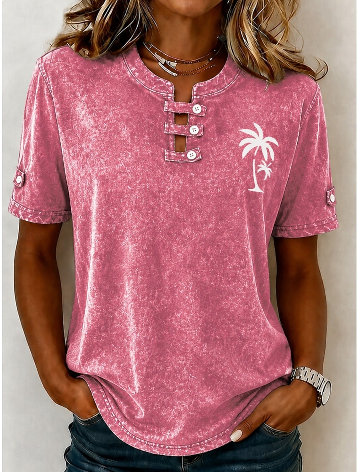 Women's Palm Tree Print Cutout Button Neck Short Sleeve T-Shirt