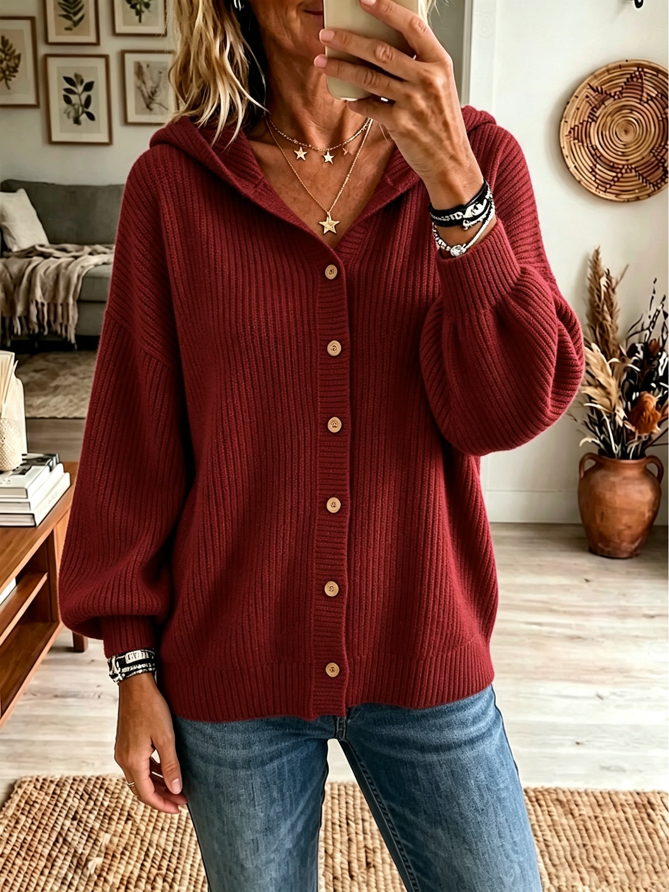 Women’s Hooded Knit Cardigan, Relaxed Fit Button Front Sweater Jacket Casual Outerwear