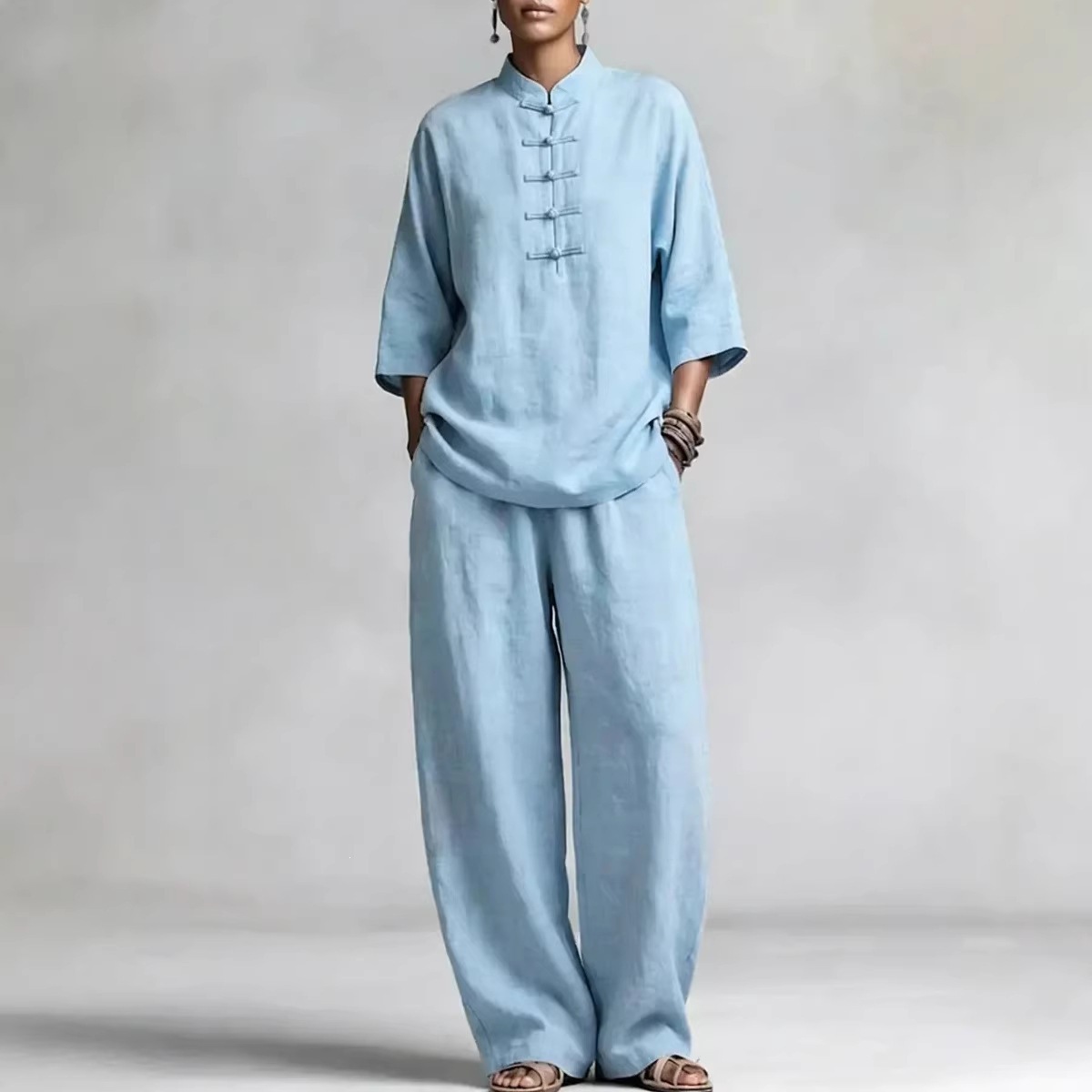 Linen Blend Frog Button Top & Wide Leg Pants Set